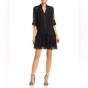 Kobi Halperin Justina Dress Solid Black Cold Shoulder Lace Trim Drop Waist